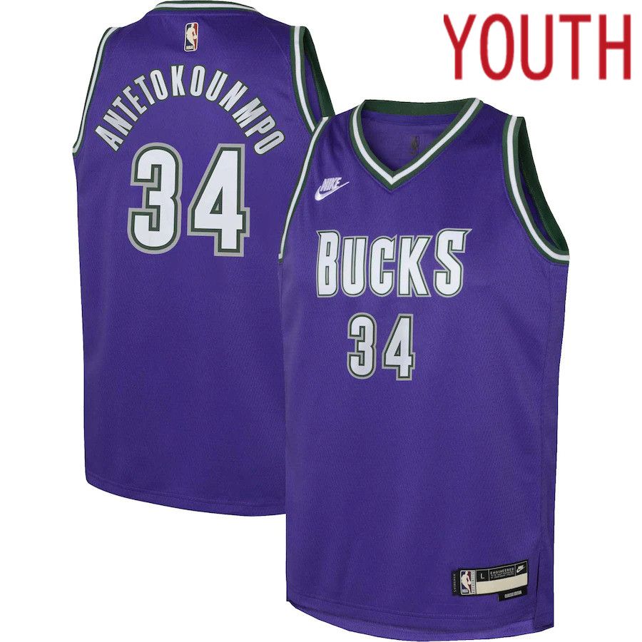 Youth Milwaukee Bucks #34 Giannis Antetokounmpo Nike Purple Classic Edition 2022-23 Swingman NBA Jersey